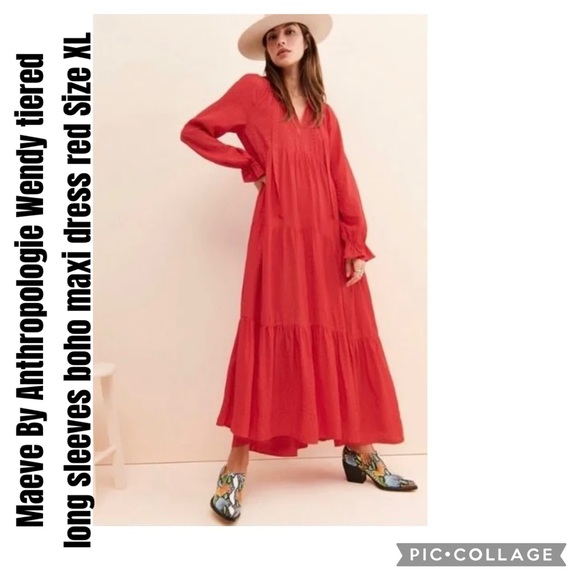 Anthropologie Dresses & Skirts - Maeve By Anthropologie Wendy tiered long sleeves boho maxi dress red Size XL